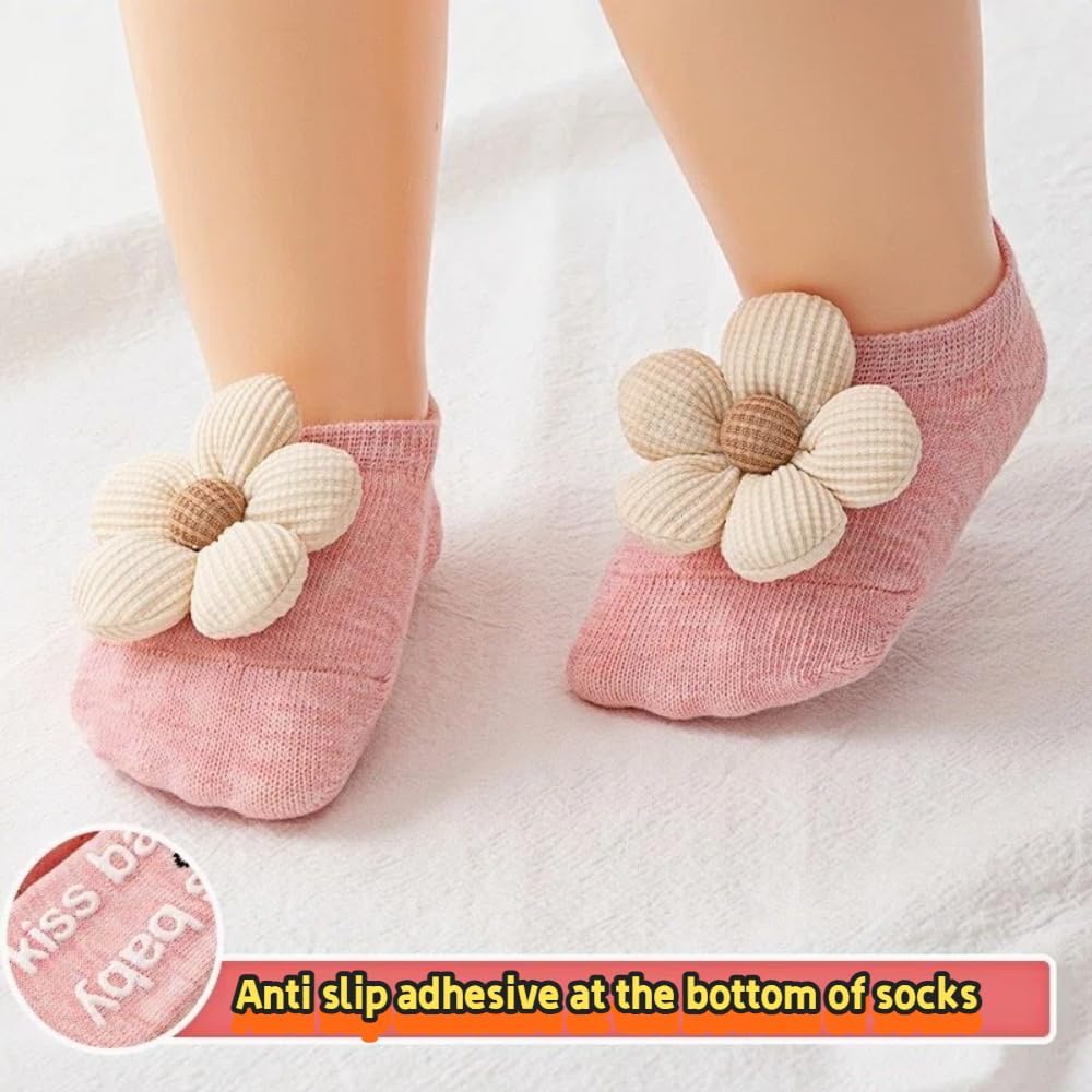 Baby Socks with Non-Slip: 4Packs Flower Non-Slip Grips for Babies Toddler Ankle Socks for Newborn Babies Infants