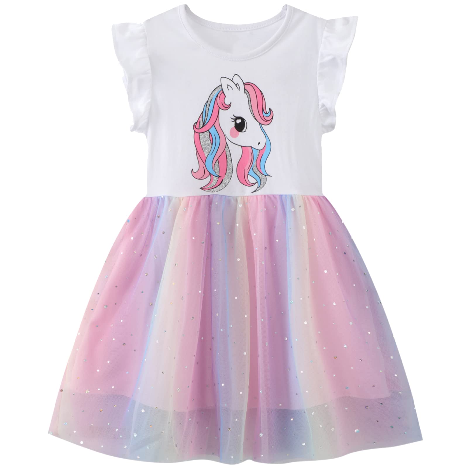 Baogaier Vestido Niña Unicornio Impresión Algodón Lentejuelas con Tul Cuello Redondo Vestidos Princesa para Fiesta de Verano Ropa Talla 2-7 Años