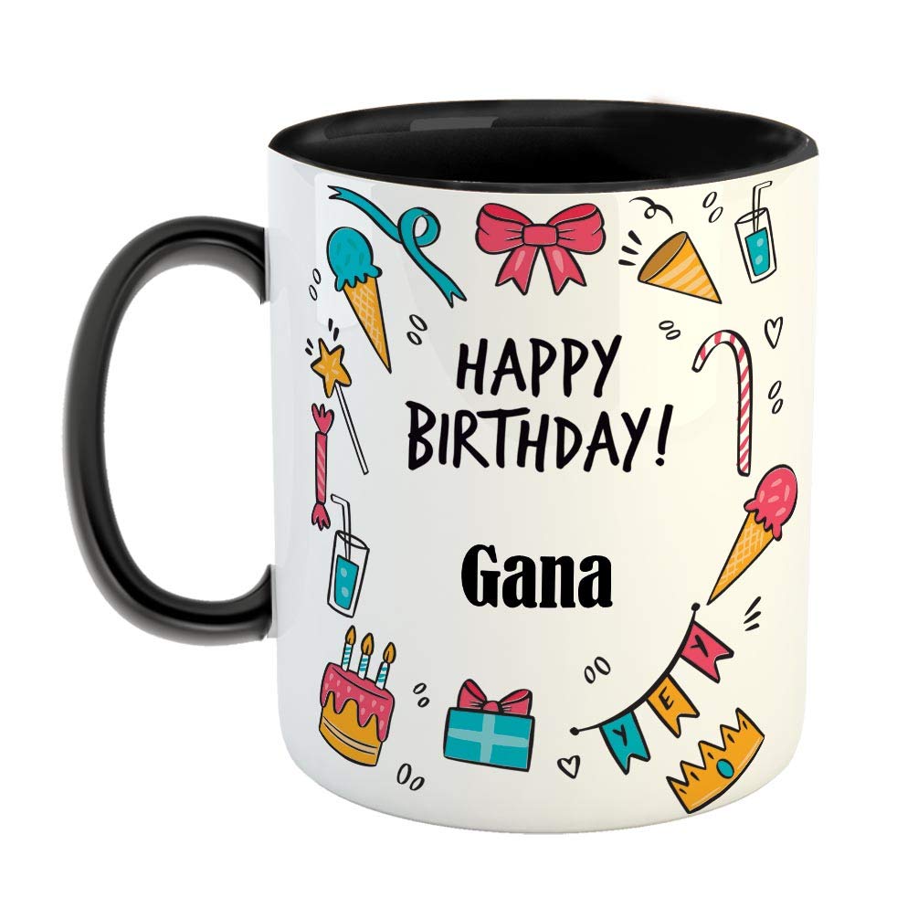 FurnishFantasy Ceramic Coffee Mug - Best Gift for Happy Birthday Mug , Color - Black, Name - Gana