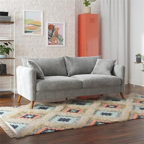 Novogratz Magnolia 3 Seater Sofa With Pillows, Pocket Coil Seating, Light Gray Velvet #TOP1