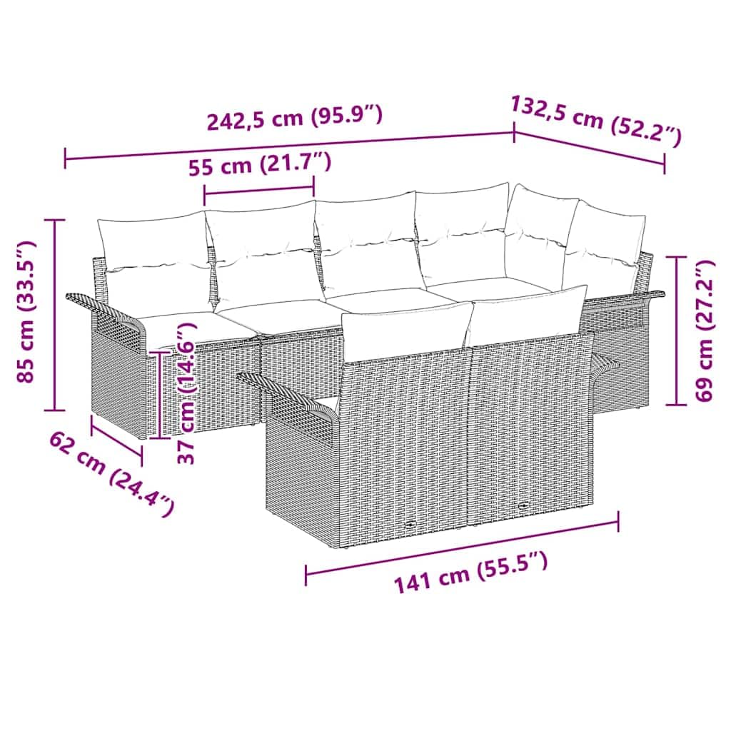 Conjunto Jardin sofá Modular 7 Piezas Beige ratán sintético Resistente para terraza Patio balcón con Mesa Ajustable y Cojines Confortables para reunión y Ocio al Aire Libre