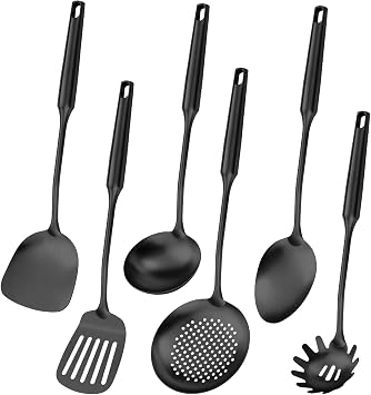 304 Stainless Steel Cooking Utensil,Kitchen Kitchen Utensil with Spatula, Solid Spoon, Ladle, Skimmer, Spaghetti Spoon, 6 Piece Set, Dishwasher SafeBlack