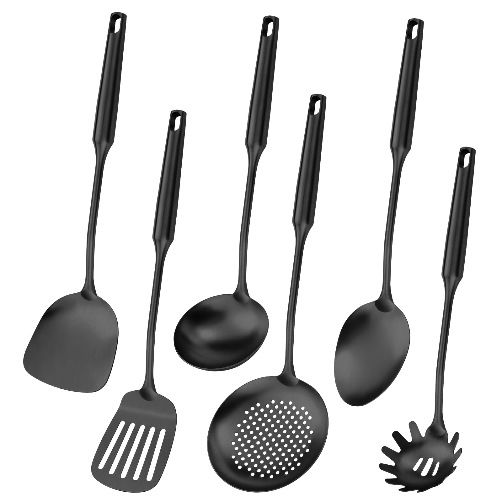 Küchenhelfer aus 304 Edelstahl, Küchenhelfer mit Pfannenwender, solider Löffel, Schöpflöffel, Skimmer, Spaghetti-Löffel, 6-teiliges Set, spülmaschinenfest (schwarz)