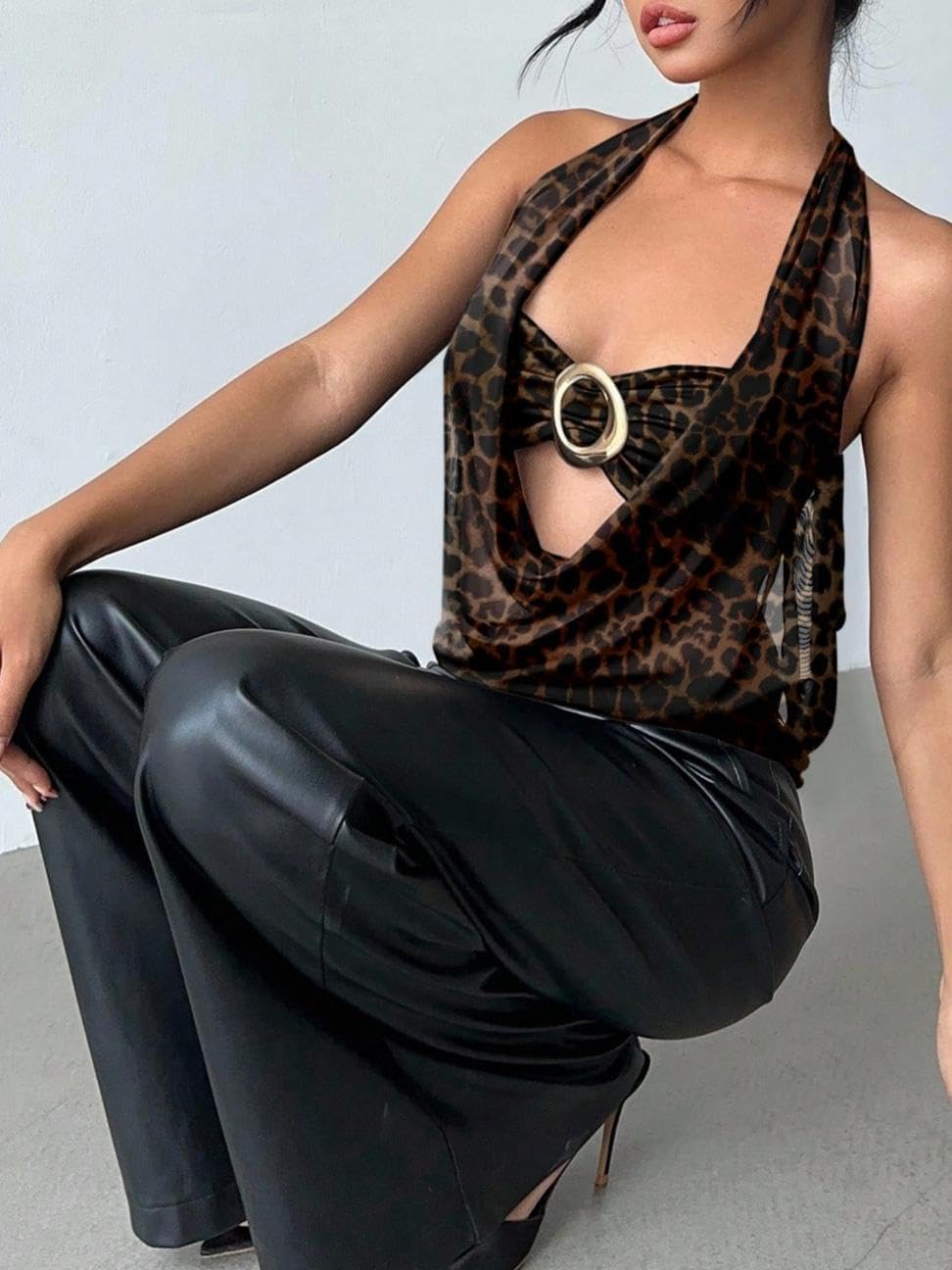 Women's Leopard Halter Neck TopMesh Backless Cowl Neck Fitted Shirt Sexy Cutout Slim Fit Vest Y2K Clubwear Party - Image 6