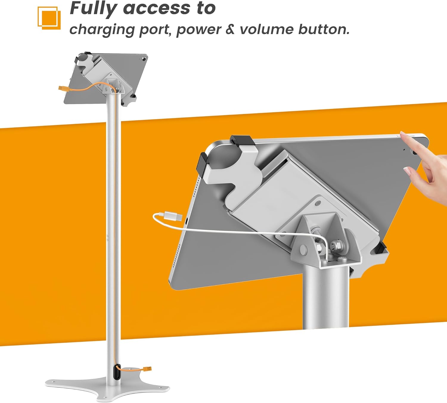 Universal Tablet Floor Stand Diagonal Clamp, Compatible with iPad 9.7 to 12.9 Inch, Durable Metal Construction, Anti-Theft, 145-degree Rotation, 360-degree Viewing, Unobstructed Access