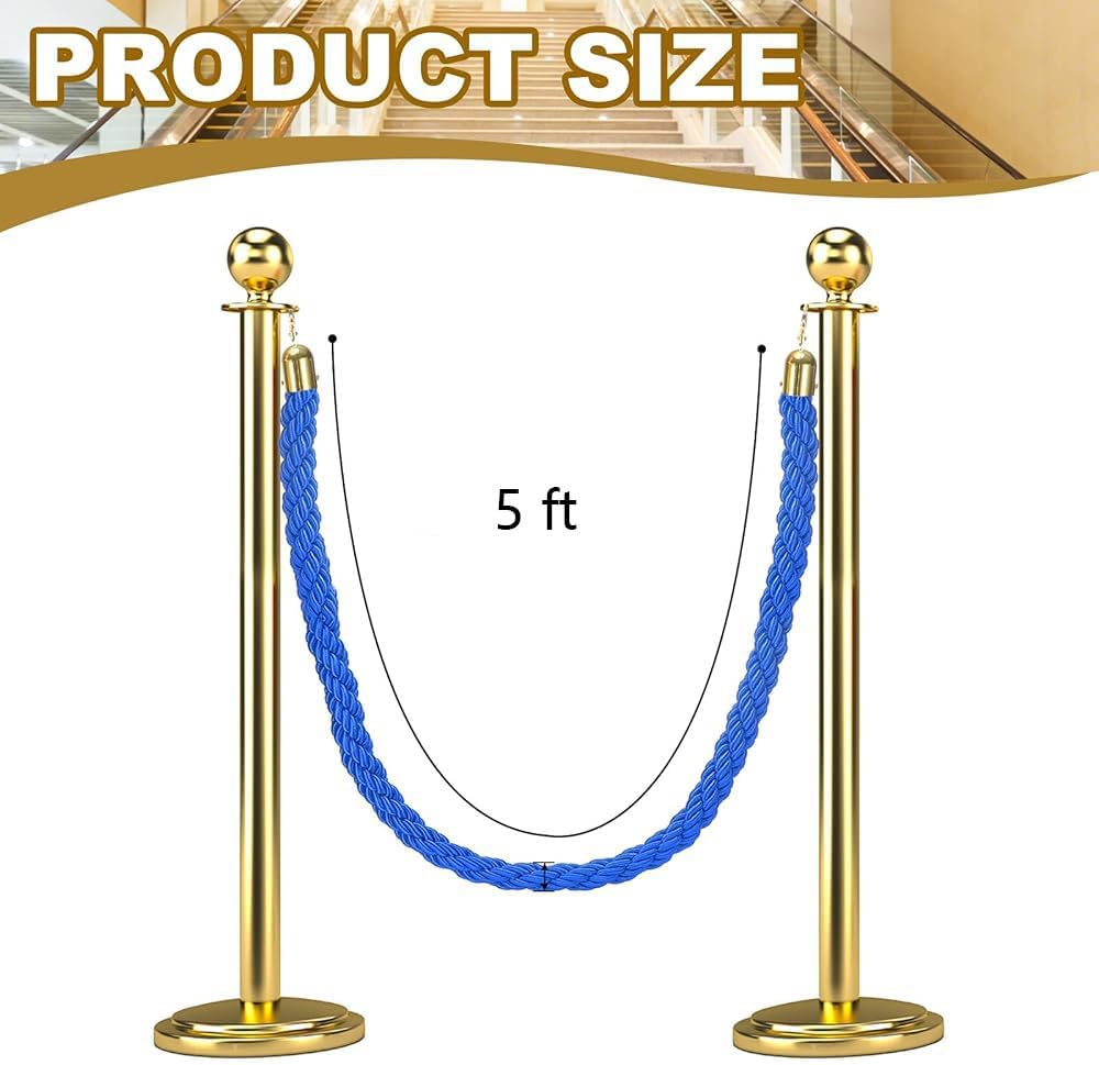 4-8 Ft Stanchion Rope with Hooks - Crowd Control Barrier Ropes for Events, Hotels, Parties & Venues - Twisted Post Ropes (4.9ft) for Elegant Decoration