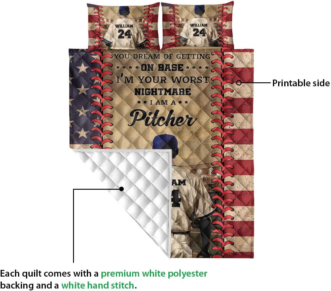 Personalized Baseball Quilt Set, Baseball Pitcher Boy Quilt Blanket with Pillowcases, Custom Name and Number Quilt Bedding Set, Sports Gifts MLANH1375