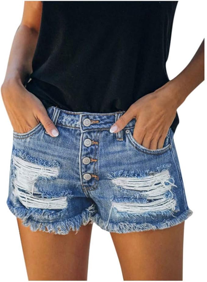 YINGXIONG Shorts Damen Jeans Shorts Denim Hosen mit Aufdruck Sommer Skinny Fit Kurz Lochjeans