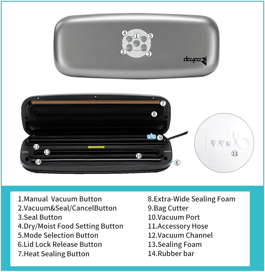 Labeled diagram of Zokop V61 PLUS vacuum sealer components