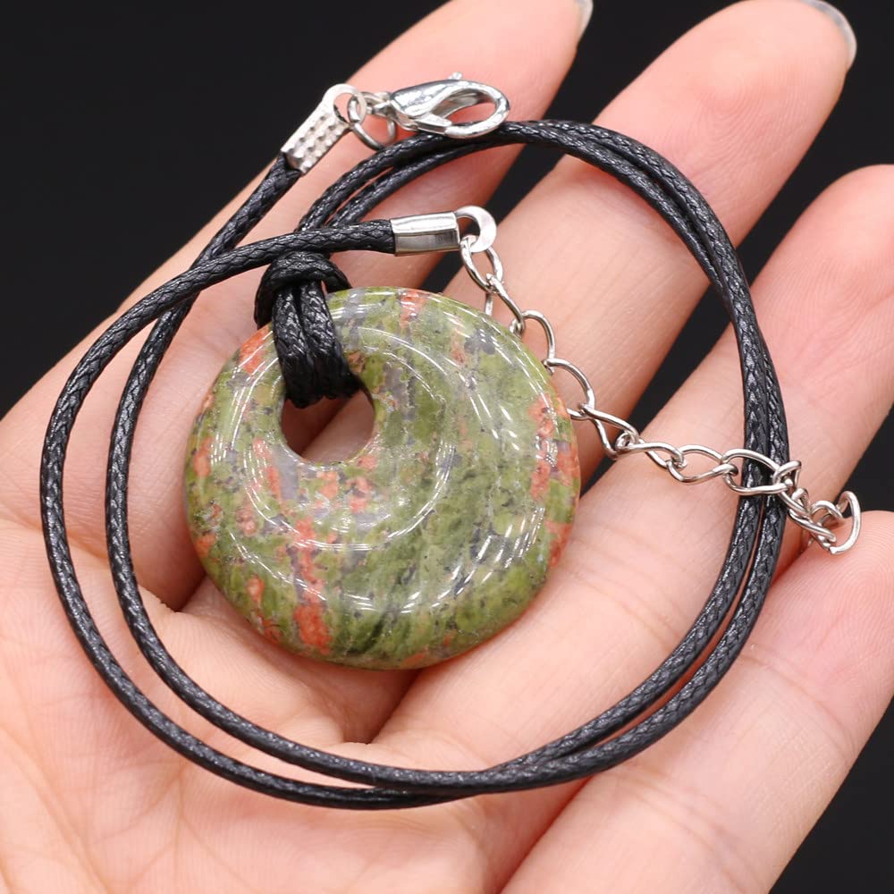Collier Pendentif Unakite Pierre Naturelle Sur Cordon Ciré - Longueur Réglable 45-55 Cm - Neuf