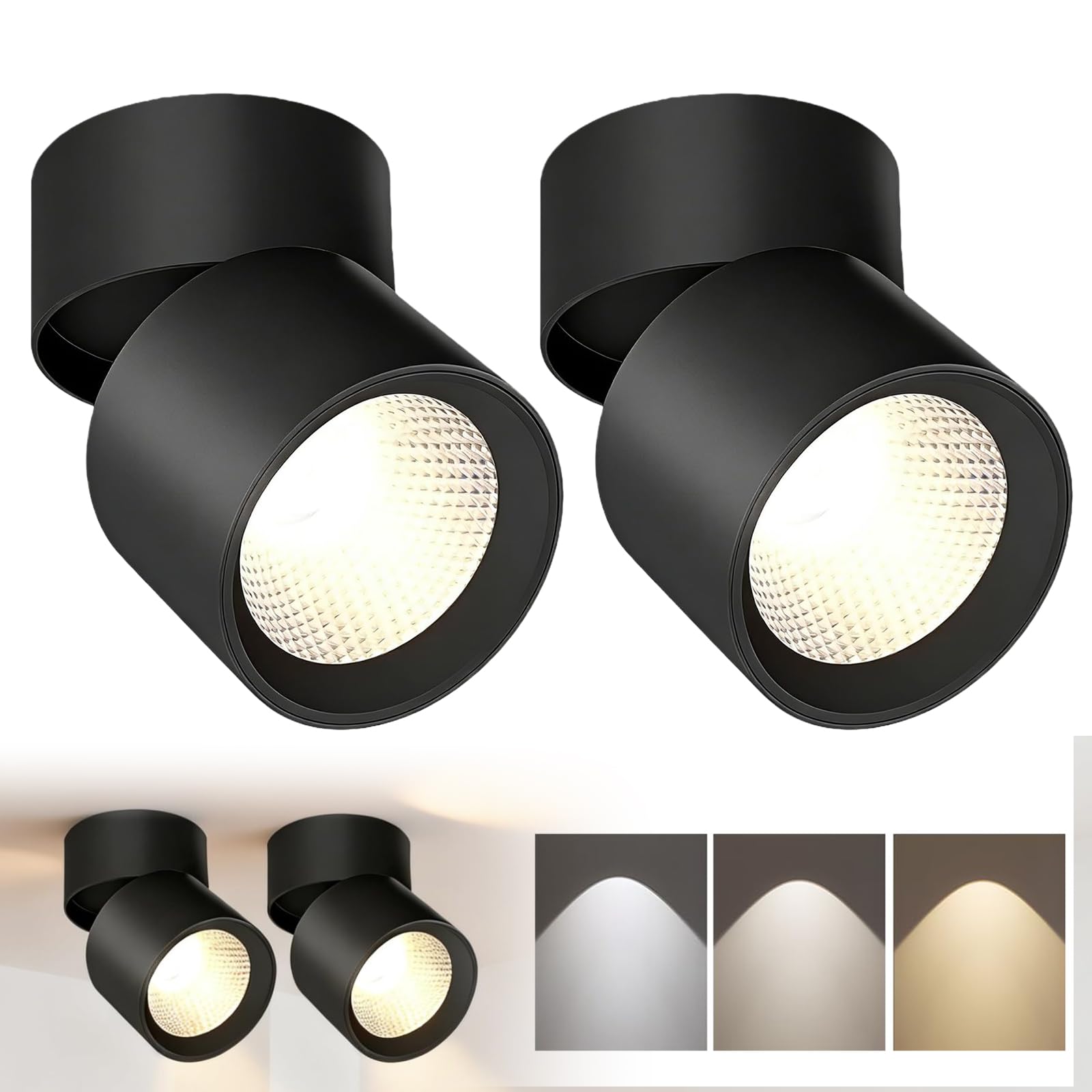 2-częściowy reflektor sufitowy LED, obrotowy reflektor sufitowy 7 W, składana lampa sufitowa, światło trzykolorowe, Ø78 × 100 mm, czarna