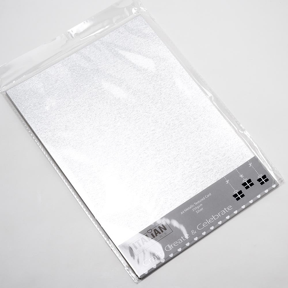 Italian Options Metallic Silver Textured Cardstock Paper, 250gsm Craft Card Stock for Electronic Die-Cutter Machines, Christmas Crafts and Card Making Supplies, 10 Coloured Sheets, A4, 250gsm, Silver