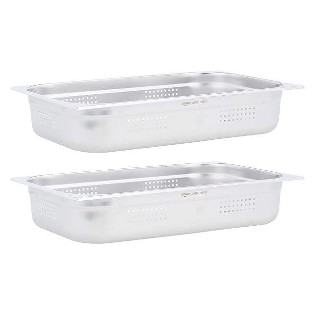 AmazonCommercial Full Size 10 cm Deep, Anti-Jam Perforated Stainless Steel Steam Table / Hotel Pan, 0.7 mm Steel, Pack of 2