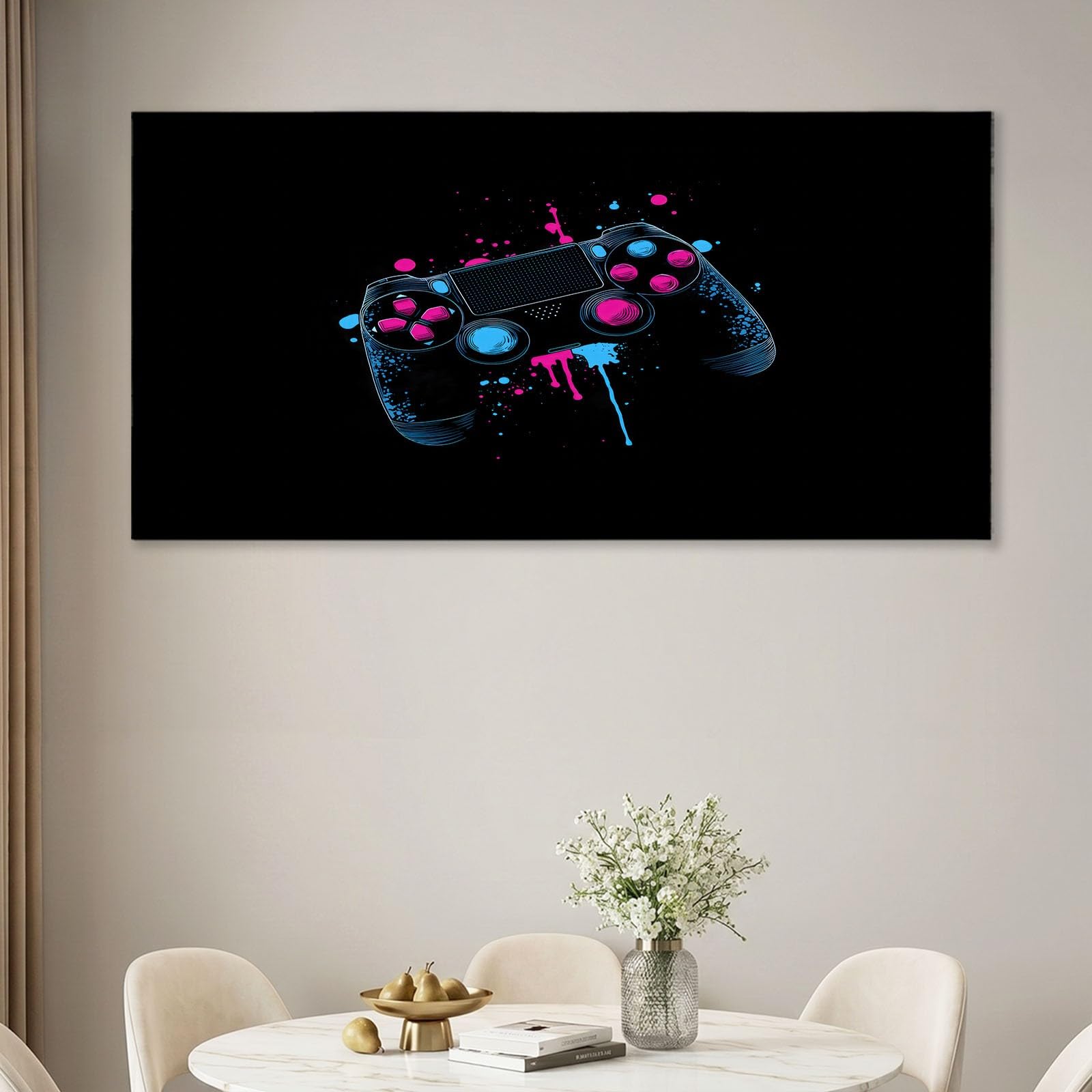 Générique Impression sur Toile Style Esport 140 x 70 cm Cadre en Bois Tableau Affiche Décoration Murale - Noir Jeu Manette pour Salon, Chambre, Couloir & Salle de Bain, Déco Maison