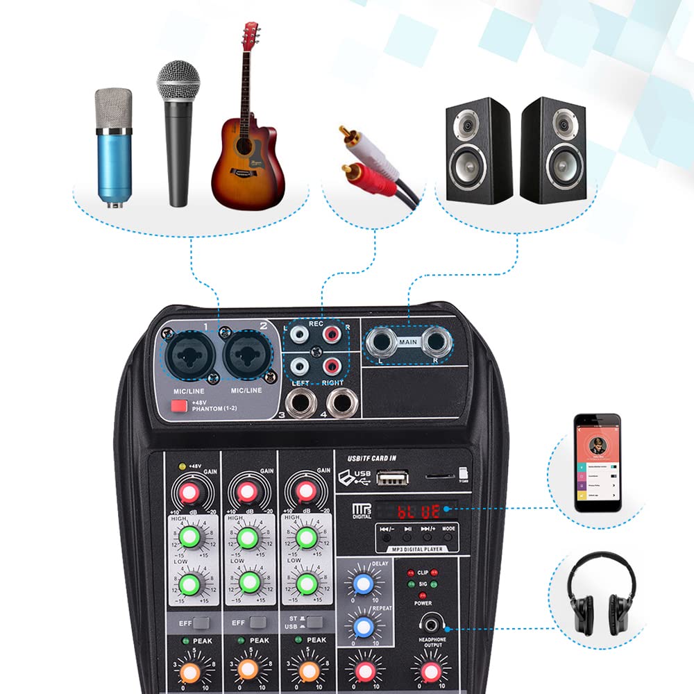 Mikser Audio Mikser Dźwięku Konsola Miksująca DJ 4-kanałowy Cyfrowy Audio Kompaktowa Konsola Miksująca BT MP3 Wejście USB Zasilanie Phantom 48 V do Nagrywania (Wtyczka UE)