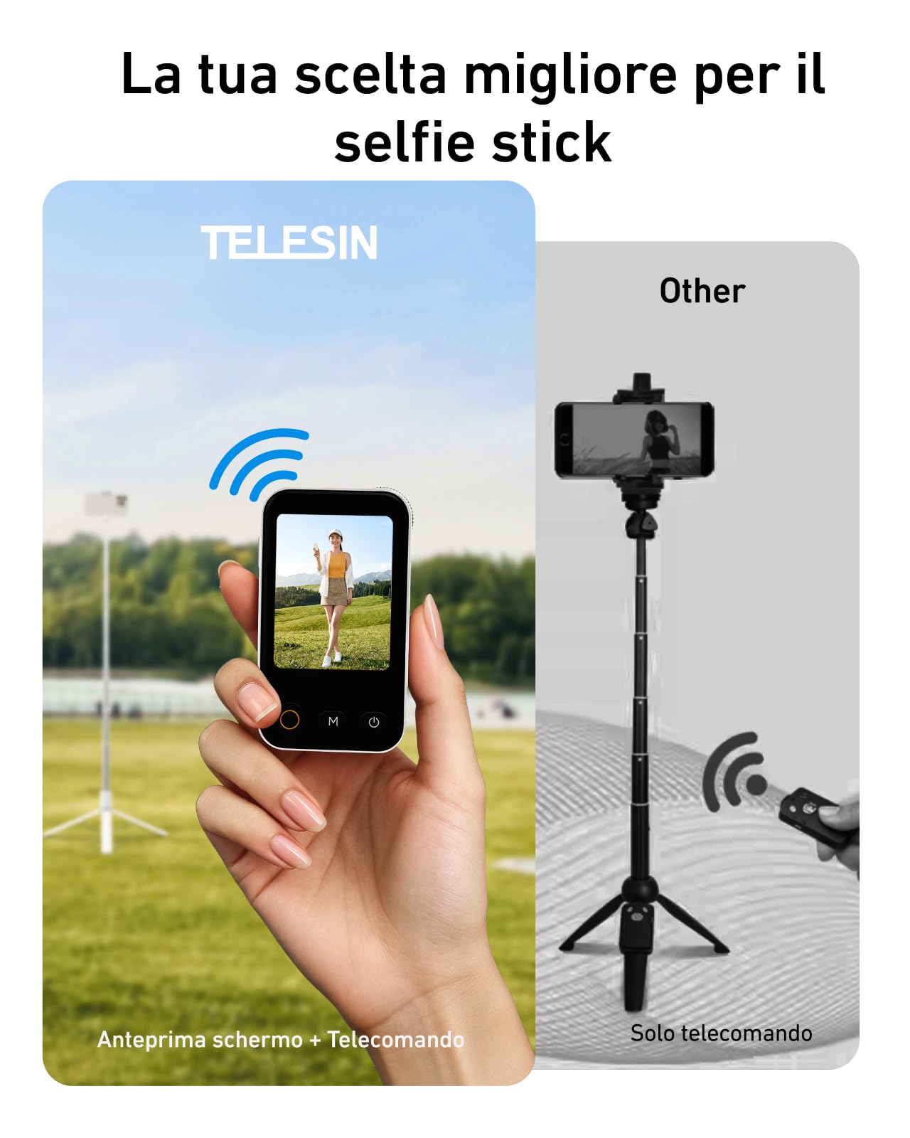 TELESIN 170cm Treppiede ad Apertura Automatica in 0,1s Per iPhone/Android | Telecomando con Display Zoom/Focus e Mirroring, Supporto per Viaggi, Vlog, Makeup e Live