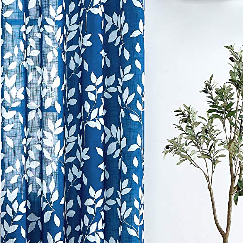 Image of Treatmentex White and Blue Curtains for Bedroom 72 inch Length Semi-Sheer Print Leaf Curtains for Living Room Windows, Deep Blue Grommet Top, 2 Pack
