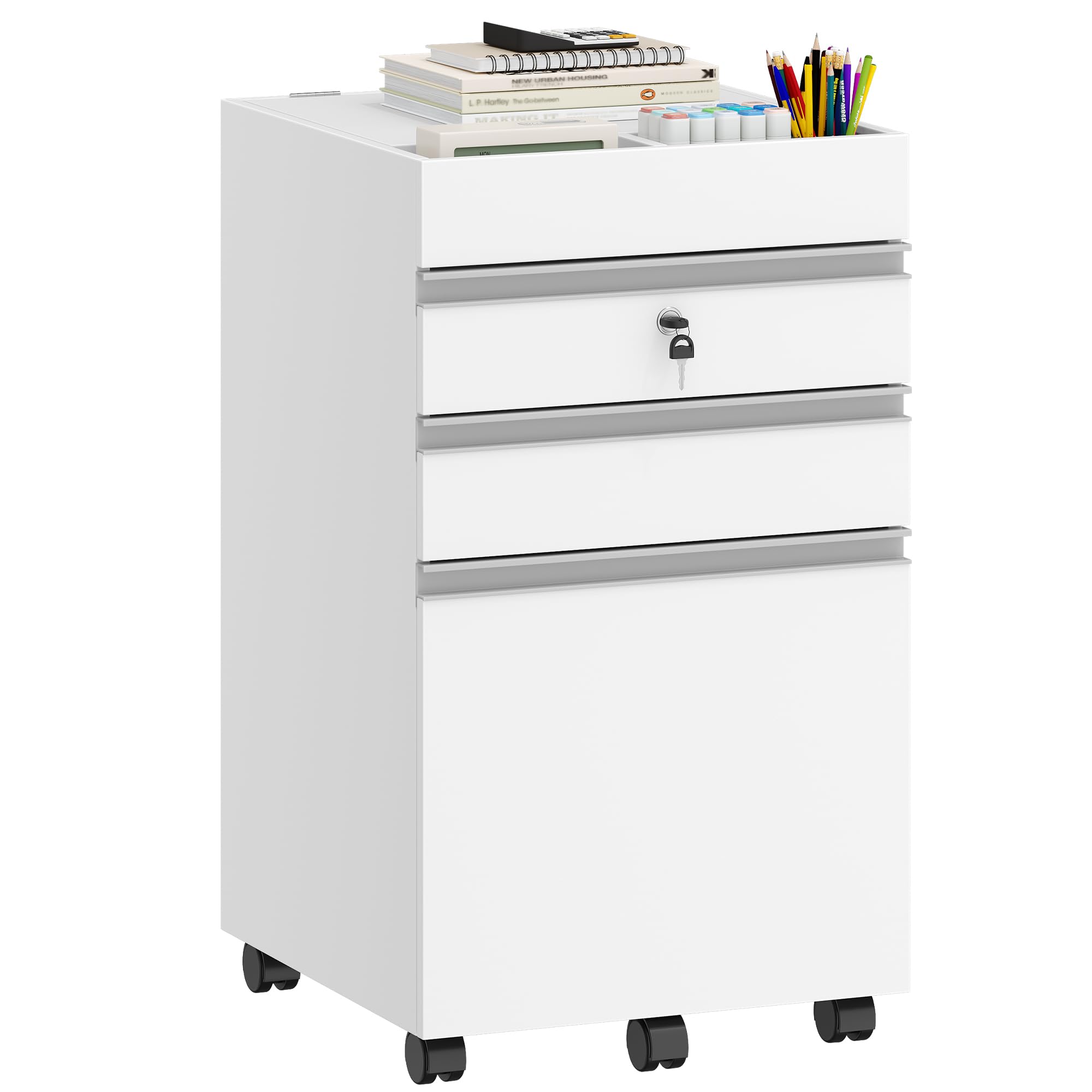 Hzuaneri Cajonera Escritorio, Archivador Móvil con Ruedas, 3 Cajones, para Estudio, Oficina, 40 x 40 x 70 cm, Blanco FC41003X