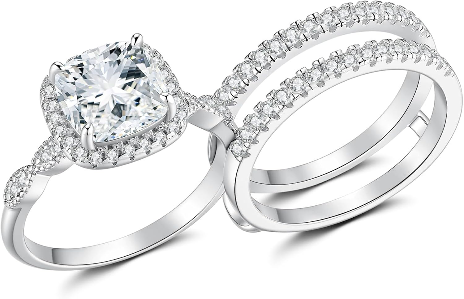 Wedding Ring Sets for Women Silver 18K White 5A Cz Halo Cushion Cut Wedding Bands Bridal Ring Sets Ring Enhancer for Her Size 5-10