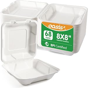 [8×8", 68-Pack] Disposable Clamshell Take Out Food Containers, Biodegradable Paper To Go Boxes for Burgers, Sandwiches, Fries & More (White)