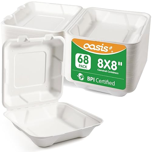 OasisSN 8𝘅8", 68-Pa𝗰𝗸 Disposable Clamshell Take Out Food Containers, Biodegradable Paper To Go Boxes for Burgers, Sandwiches, Fries & More (White)