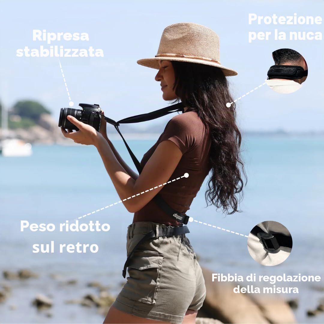 Camstrap - Cinghia per fotocamera e binocolo a mani libere, sistema di fissaggio rapido, connettori, protezione ottimale del collo e schiena, universale