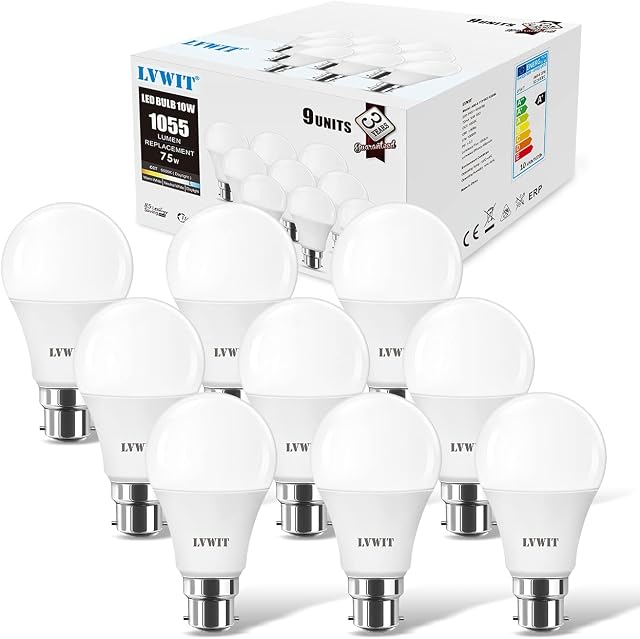 LVWIT Cool White LED B22 Bayonet Bulbs,75W Equivalent, 10W B22 A60 Daylight Light Bulbs,6500K 1055Lm,A60 GLS BC Bulbs,Energy Saving Bulbs Non-Dimmable9pcs