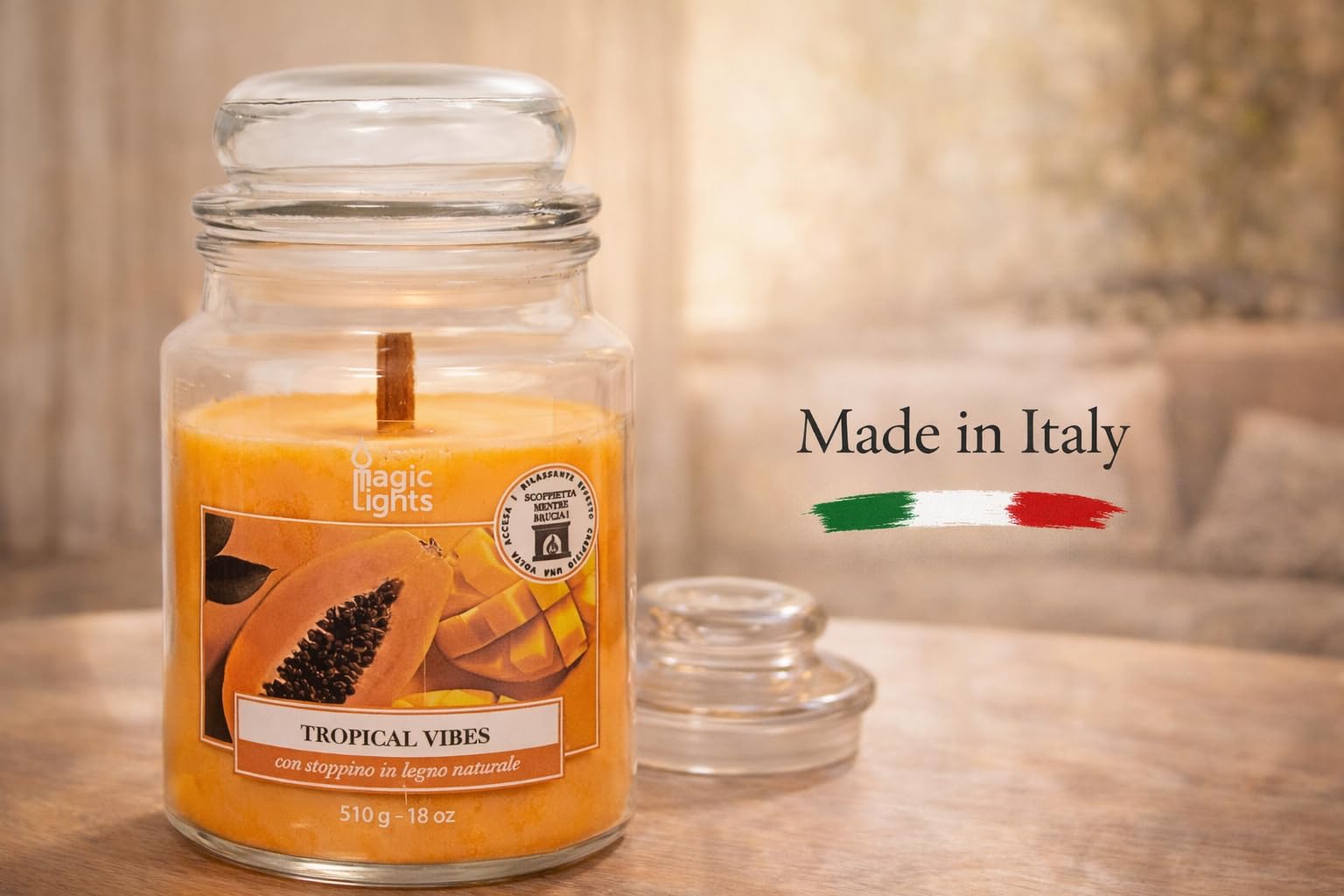 Świeca słoika 510 g Tropical Vibes - Papaya - Mango z woskiem roślinnym min. 75% - naturalny knot drewniany, wyprodukowany we Włoszech