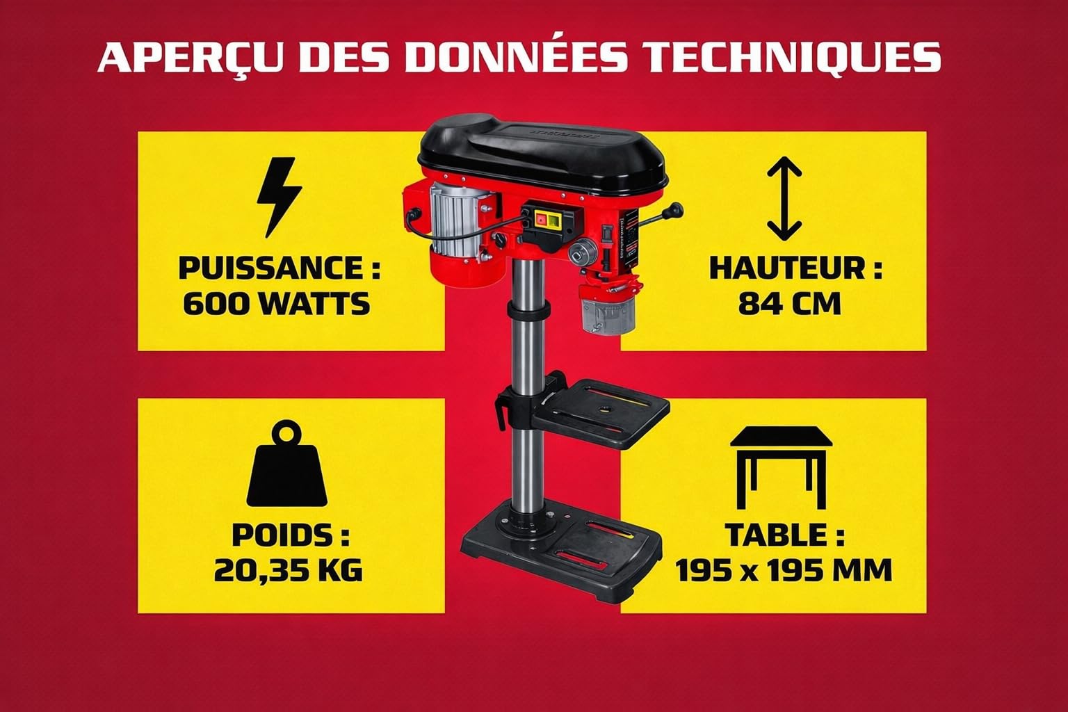 Hecht Perceuse à colonne avec puissance de 600 W - 12 niveaux de vitesse - Table de perçage orientable et réglable en hauteur