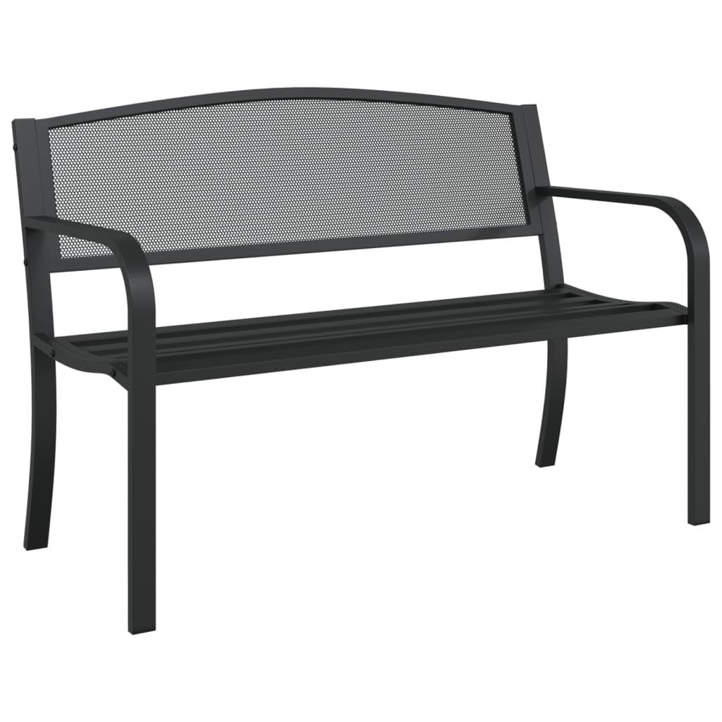 Czarna stalowa ławka ogrodowa 119 cm z perforowanym oparciem, wytrzymała ławka ogrodowa na patio i podwórko, nowoczesny design i trwały materiał z powłoką