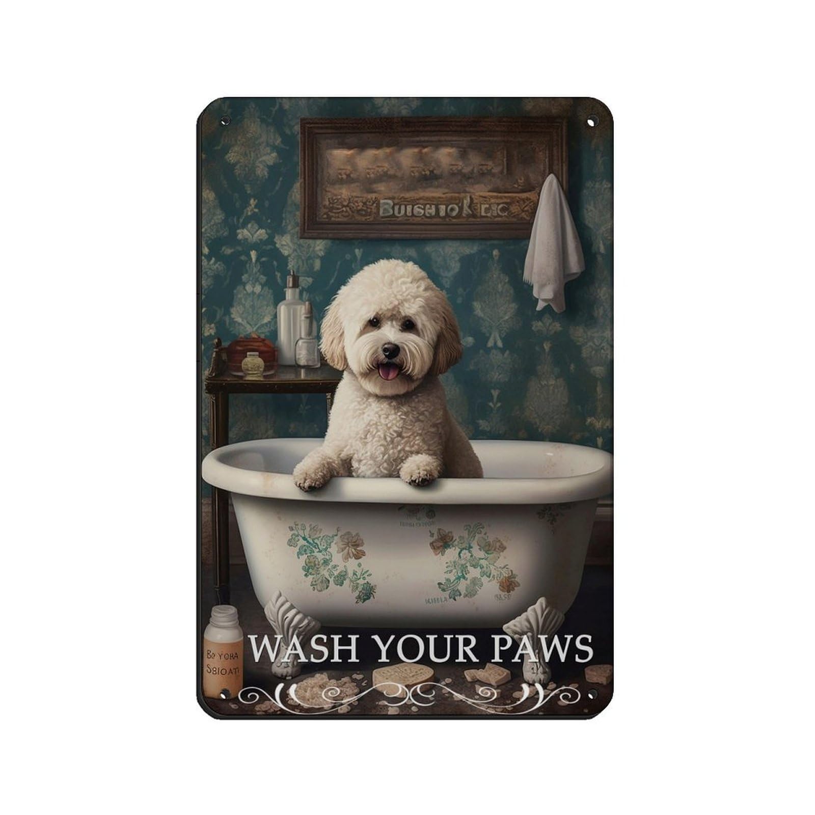 Bichon Frise in Bath Fun Bathroom Art Tin Sign Vintage Metal Pub Club Cafe Bar Home Wall Art Decoration Poster Retro 8x12inch(20x30cm)