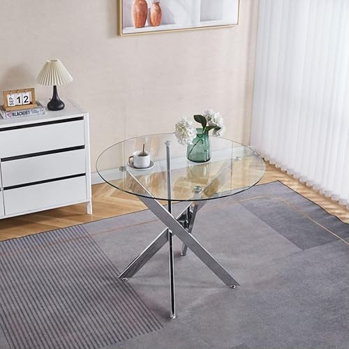 Mesa de comedor redonda de 36 pulgadas para 4, mesa de comedor de vidrio templado de 0.39 pulgadas, mesa de comedor pequeña con base de acero