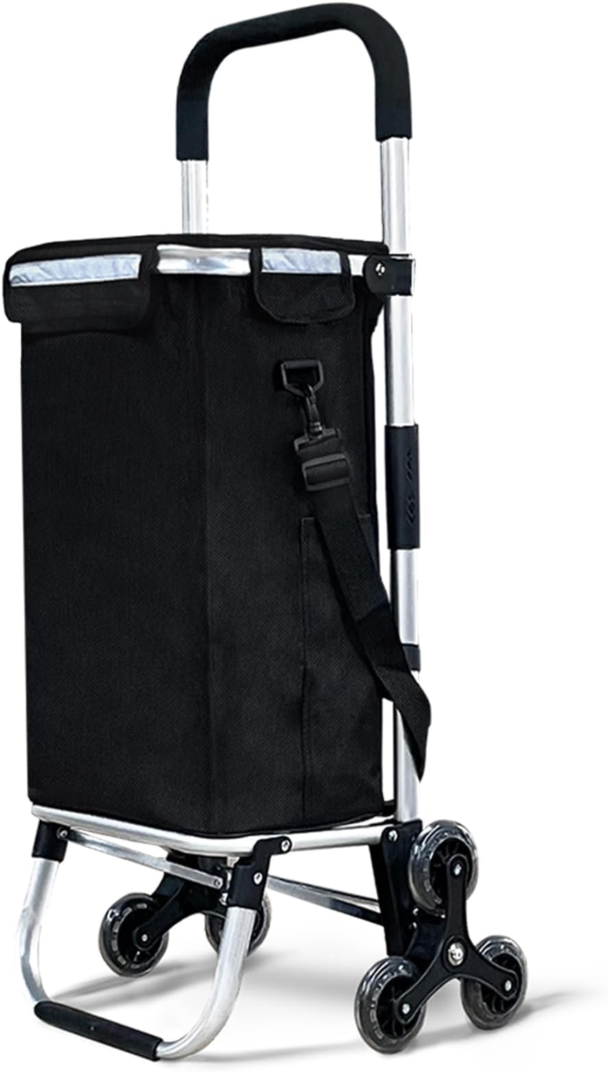 VOUNOT® Folding Shopping Trolley on 6 Wheels, Aluminium Lightweight Shopping Cart with Insulated Cooling Bag, Stair Climbing Grocery Trolley, 58L, Black