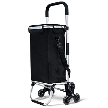 VOUNOT  Folding Shopping Trolley on 6 Wheels, Aluminium Lightweight Shopping Cart with Insulated Cooling Bag, Stair Climbing Grocery Trolley, 58L, Black