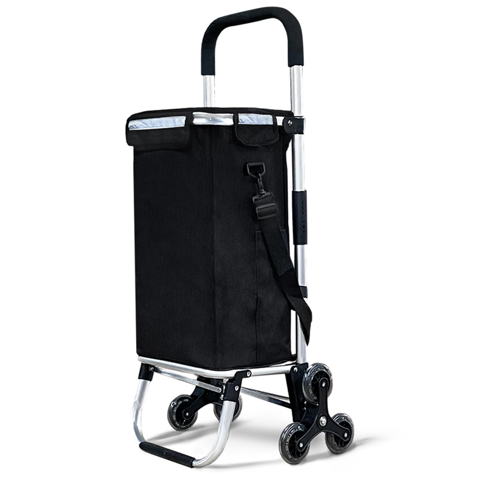 Vounot Black Vounot® Folding Shopping Trolley On 6 Wheels, Aluminium Lightweight Shopping Cart With Insulated Cooling Bag, Stair Climbing Grocery Trolley, 58L,