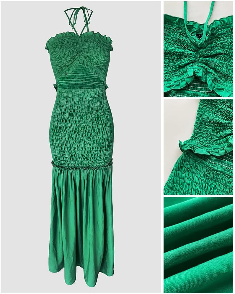 CHICME Floral Printed Prom Dress Tie Ruched Shirred Bandeau Party Dress Slim Fit Ruffle Hem Vacation Dresses