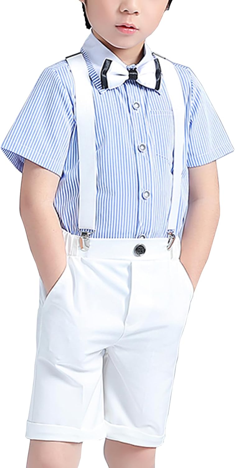 Baby Boy Gentleman Outfits Suits, Short Sleeve Dress Shirt+Bow Tie+Suspender Shorts Summer Wedding Outfits