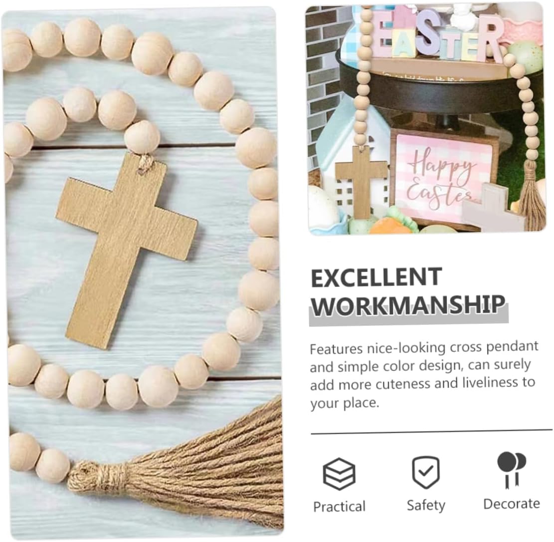Luxshiny 5pcs Easter Wooden Bead Pendant Tassels Rustic Cross Decoration for Home Lightweight Wooden Garland for Door Window and Mantel Holiday Decor