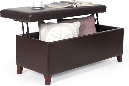 Homebeez Lift Top Storage Ottoman Bench, 42 inch Brown Rectangular Ottoman, Faux Leather Upholstered Storage Bench for Living Room, Bedroom