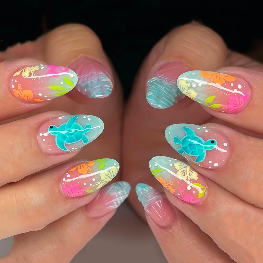 Blue Gradient Press on Nails Short Oval Fake Nails with Colorful Flower Beach Turtle Designs Summer Ocean False Nails Press ons Full Cover Reusable Artificial Nude Stick on Nail for Women 24Pcs