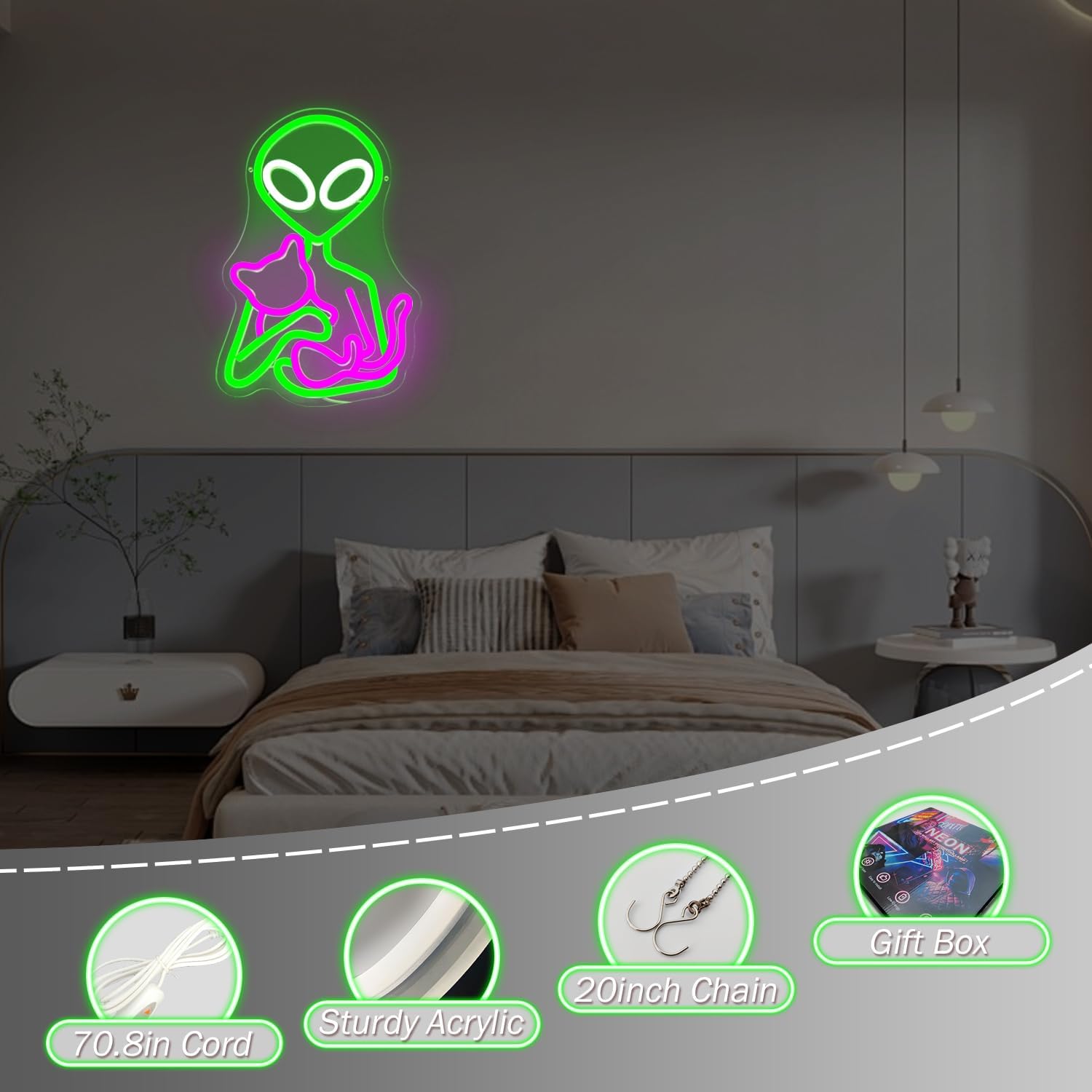 Alien Neon Sign Dimmable Cat Alien Neon Lights Cat LED Signs for Game Room Man Cave Home Bar Party Light Up Sign Neon Wall Art Decor Gifts