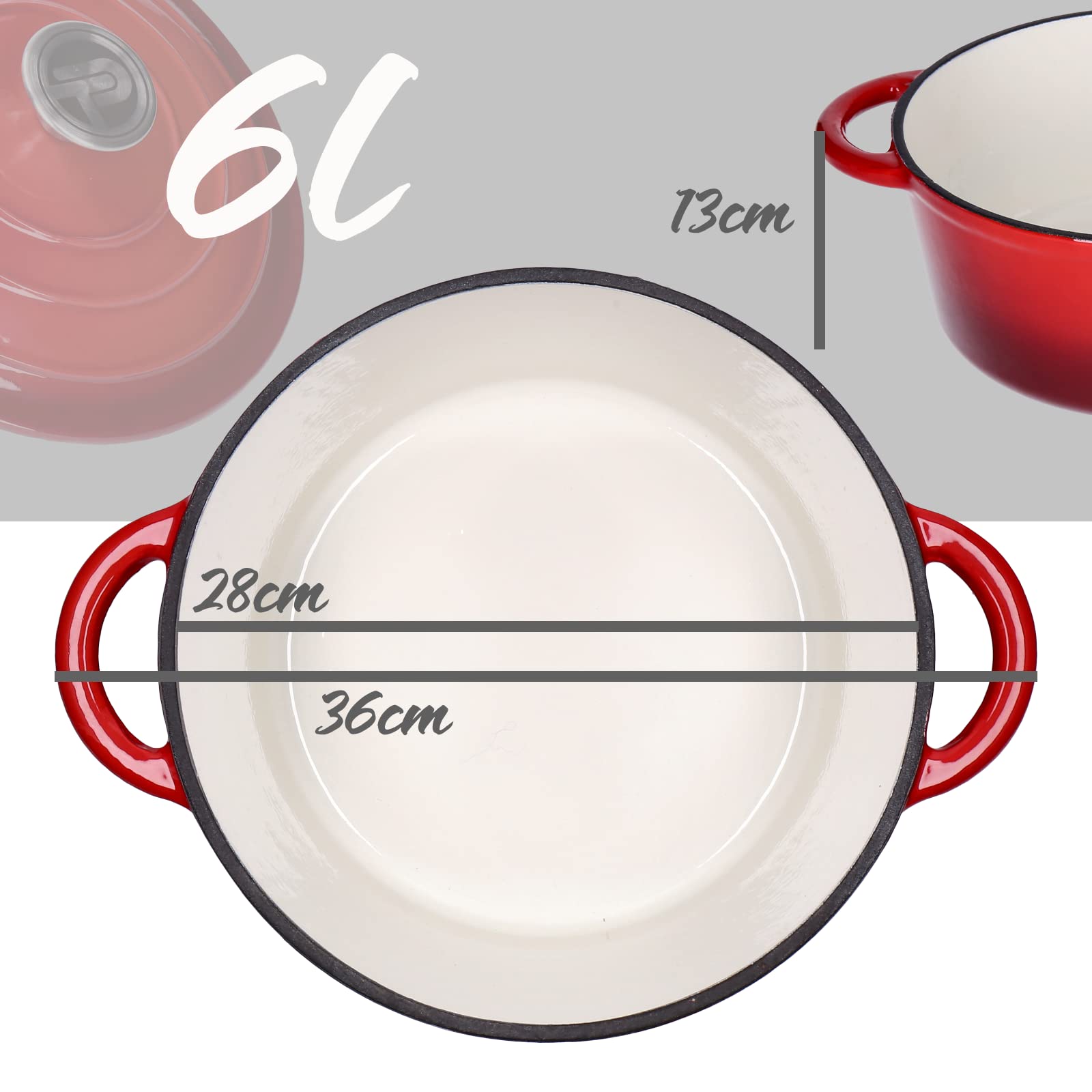 Pentola, casseruola per carne in ghisa smaltata con coperchio 6 l, diametro 28 cm, pomello in acciaio inox, adatto per tutti i piani cottura, compresi quelli a induzione, utilizzabile in forno fino a