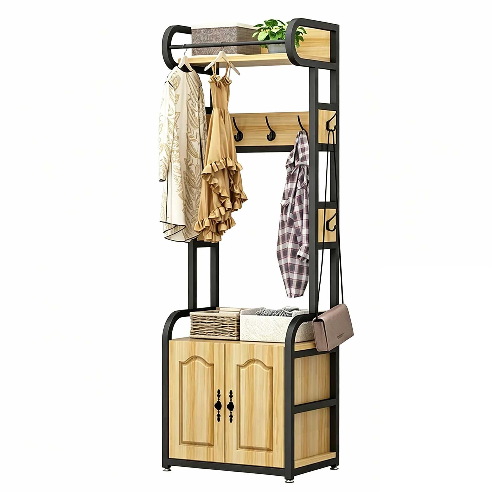 Kiboncy C Oat Rack With Storage Abinet, Freestanding Hall Tree With Hooks & Shelf, Entryway Garment Organizer For Lothes, Bags(,100X32x180cm)