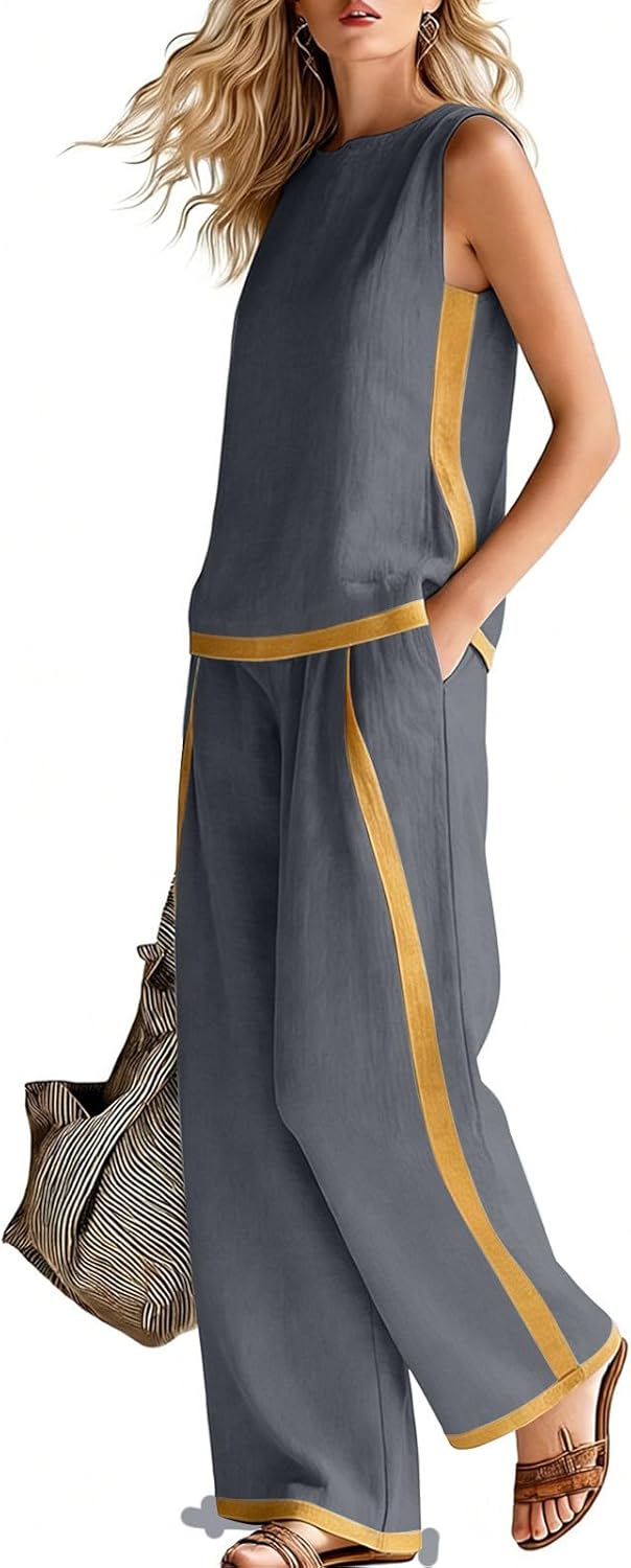 Cruise Outfits for Women Summer Linen 2 Piece Sets Casual Colorblock Tank Tops Straight Leg Pants for Beach Vacation