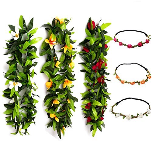 KUMEED 6 PCS Hawaiian Leis Flowers Necklace Headbands Tropical Luau Hawaii for Party Supplies, Beach Party Decorations, Wedding, Birthday Party Favors