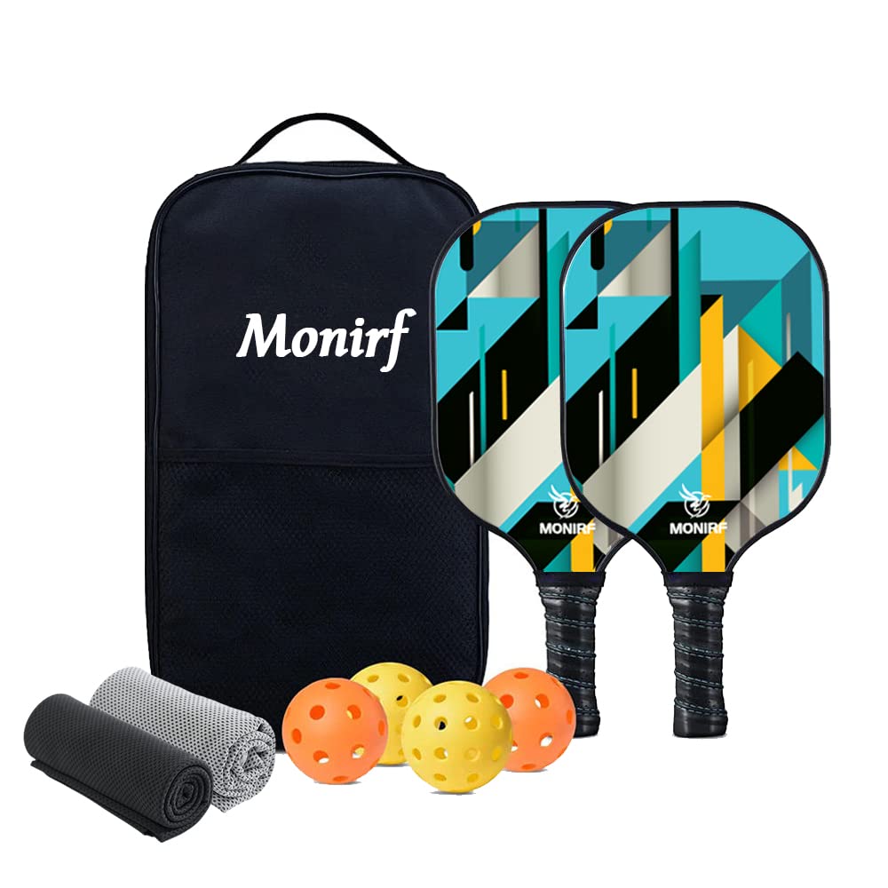 monirfPickleball Paddles Set of 2, Fiberglass Fiber Surface, PP Honeycomb Core, Non-Slip Sweat-Absorbing Grip, Lightweight Pickle ball Racquet with 4 Pickleballs & Carry Bag, USAPA Approved