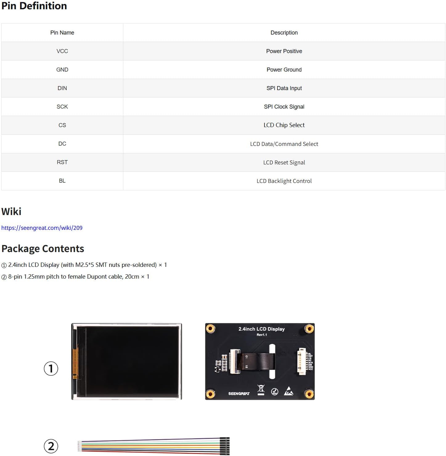 2.4 Inch LCD Display Module, 320x240 SPI TFT Screen with ILI9341 Driver, 8-Pin 1.25mm Connector, Small LCD Monitor Panel for Embedded DIY Electronics Projects
