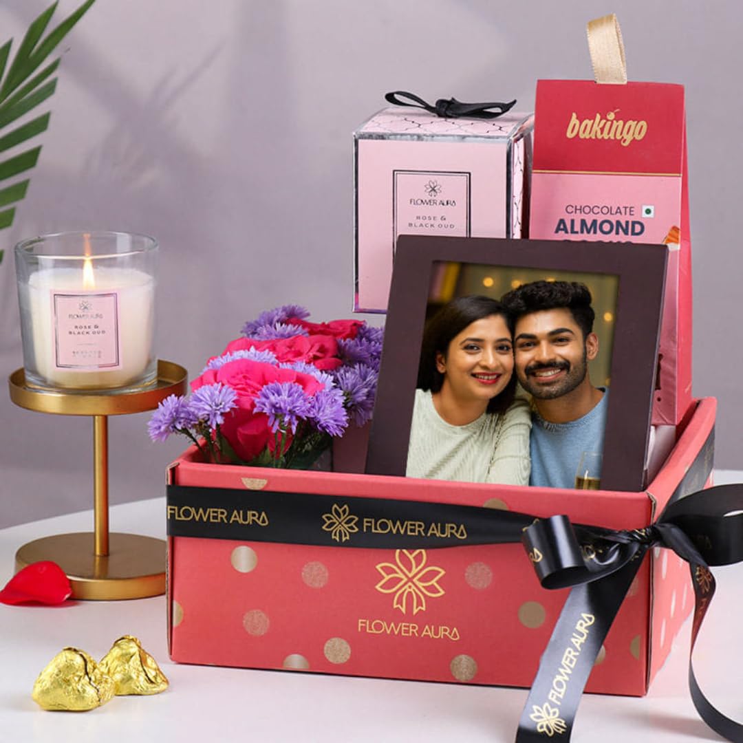 FlowerAura PremiumGift Combo with Personalised Photo Frame, Rose & Black Oud Candle, Almond Rocks, Roses & Daisy | Birthday, Anniversary, Love, Mother Day Gift for Mom | Home Decor (Same Day Delivery)-image-20