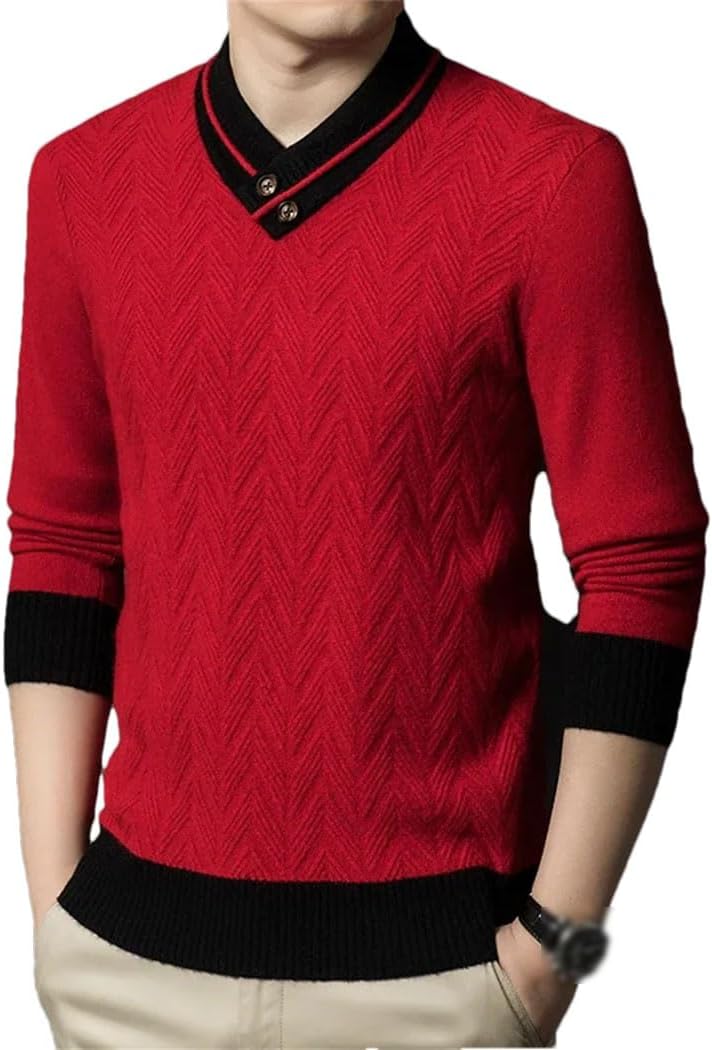 Men's Autumn Winter 100% Wool Knitted Sweaters Long Sleeved V-Neck Buttoned Warm Fashion Pullover