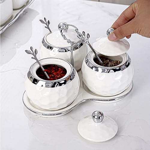 Miniatura 4 de Recipiente de porcelana de golf para condimentos de sal con tapa y cuchara, juego de 3, moderno tarro de condimentos, color blanco y plateado
